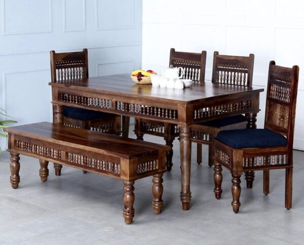 Traditional Style Solid Sheesham Wood Dining table with Cushioned Chair Bench furniture set Sunrise Exports