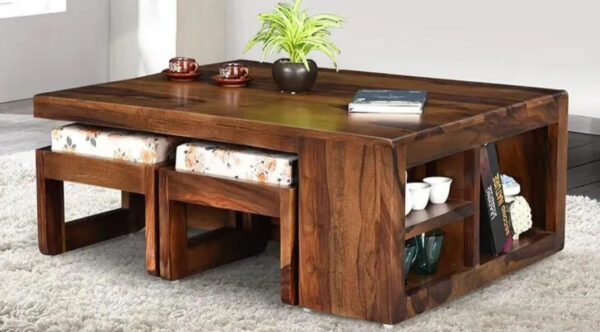 custom order Solid Sheesham Wood coffee center table with 4 cushion stools 2 Sunrise Exports