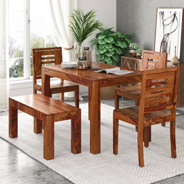 Buy Compact Wooden Dining table with 1 Bench 3 chairs furniture set for modern Home Sunrise Exports