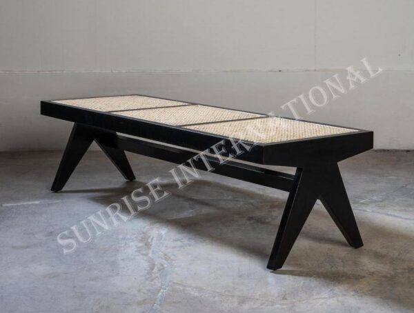 Mid Century wooden Relaxing Bench Cane rattan Style work Furniture 2 Sunrise Exports