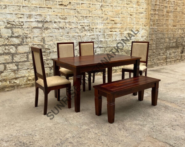 Sierra Wooden Dining table with 4 Cushion chairs 1 Bench furniture set 2 Sunrise Exports