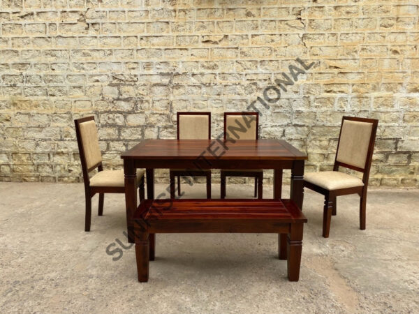 Sierra Wooden Dining table with 4 Cushion chairs 1 Bench furniture set 3 Sunrise Exports