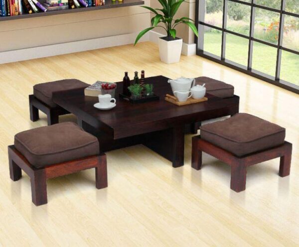 Solid Sheesham Wood coffee center table with 4 cushion stools 1d2bd148 11a5 40d7 b044 f7ccdc49273a Sunrise Exports
