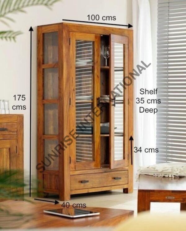 Solid Sheesham wood display glass cabinet crockery cabinet bookshelf with Double door 2 Sunrise Exports