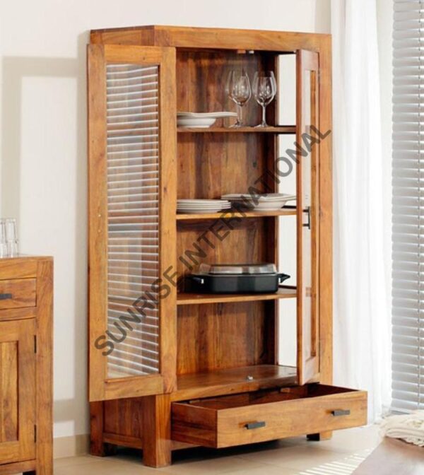 Solid Sheesham wood display glass cabinet crockery cabinet bookshelf with Double door 3 Sunrise Exports