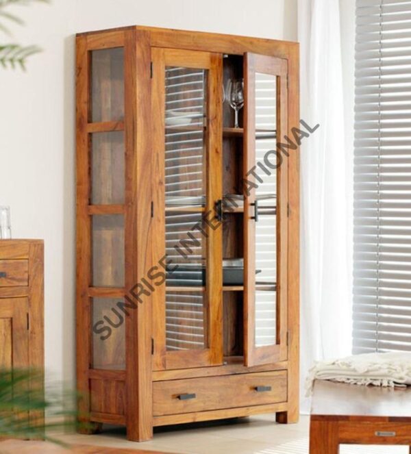 Solid Sheesham wood display glass cabinet crockery cabinet bookshelf with Double door 5 Sunrise Exports