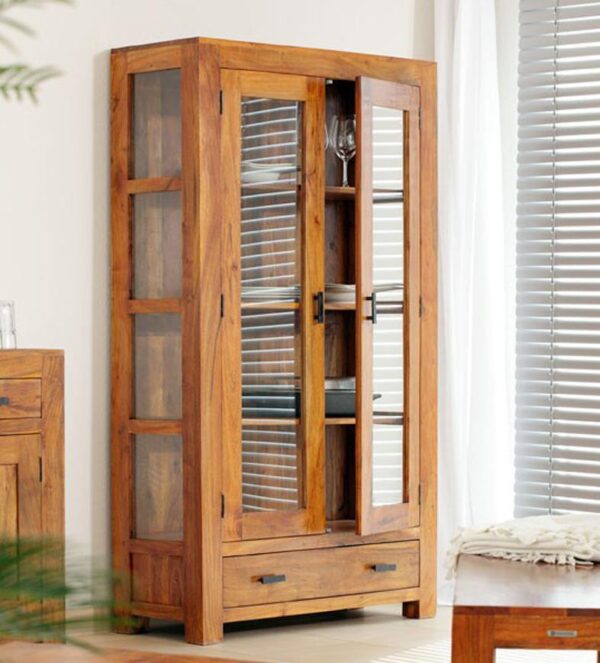 Solid Sheesham wood display glass cabinet crockery cabinet bookshelf with Double door Sunrise Exports
