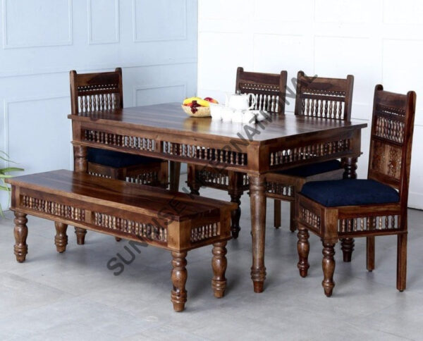 Traditional Style Solid Sheesham Wood Dining table with Cushioned Chair Bench furniture set 8 Sunrise Exports