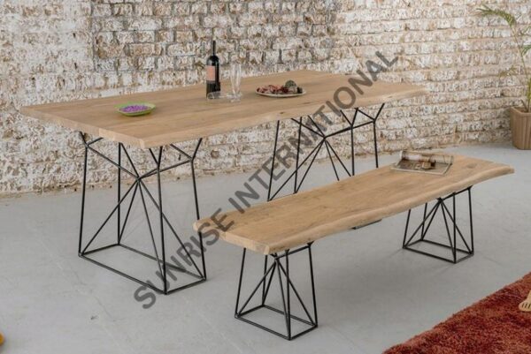 acacia wood live edge slab dining table and bench with metal legs Sunrise Exports