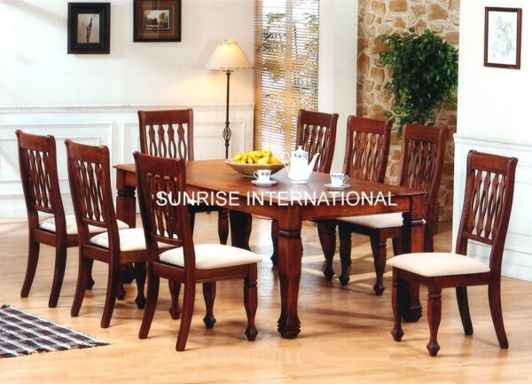 handmade solid wooden dining table with 8 cushion chair set Sunrise Exports