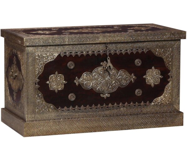 wooden trunk box with brass repousse work Sunrise Exports
